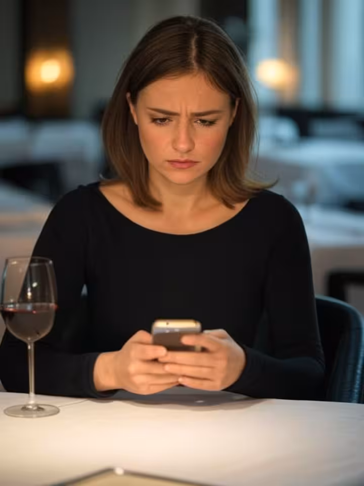 Una donna aspetta nervosamente un appuntamento in ritardo in un ristorante