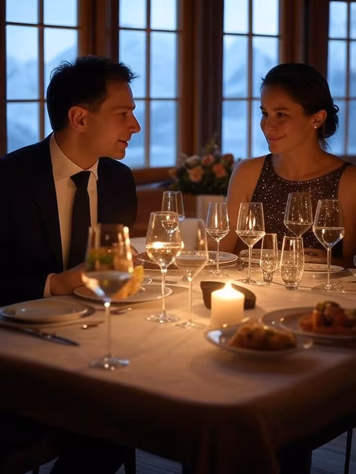 Cena discreta in un esclusivo chalet svizzero con vista sulle montagne
