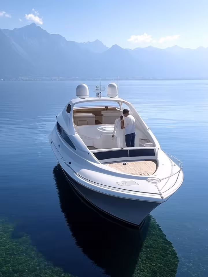Yacht di lusso sul lago di Ginevra con vista panoramica sulle Alpi sullo sfondo