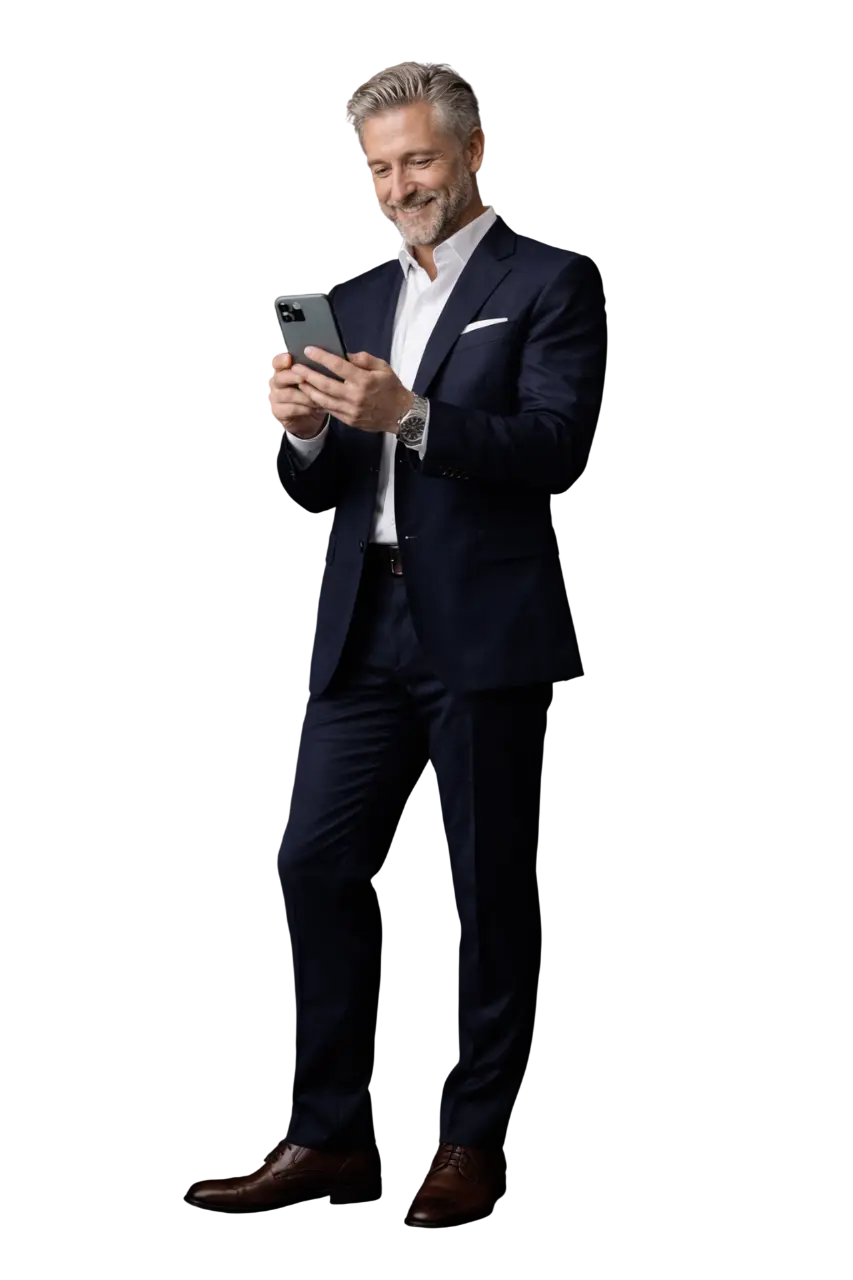 Schweizer Geschäftsmann prüft sein Profil auf dem Smartphone