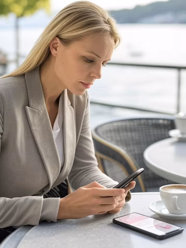 Donna controlla il profilo di un'app di incontri in un caffè sul lago di Zugo