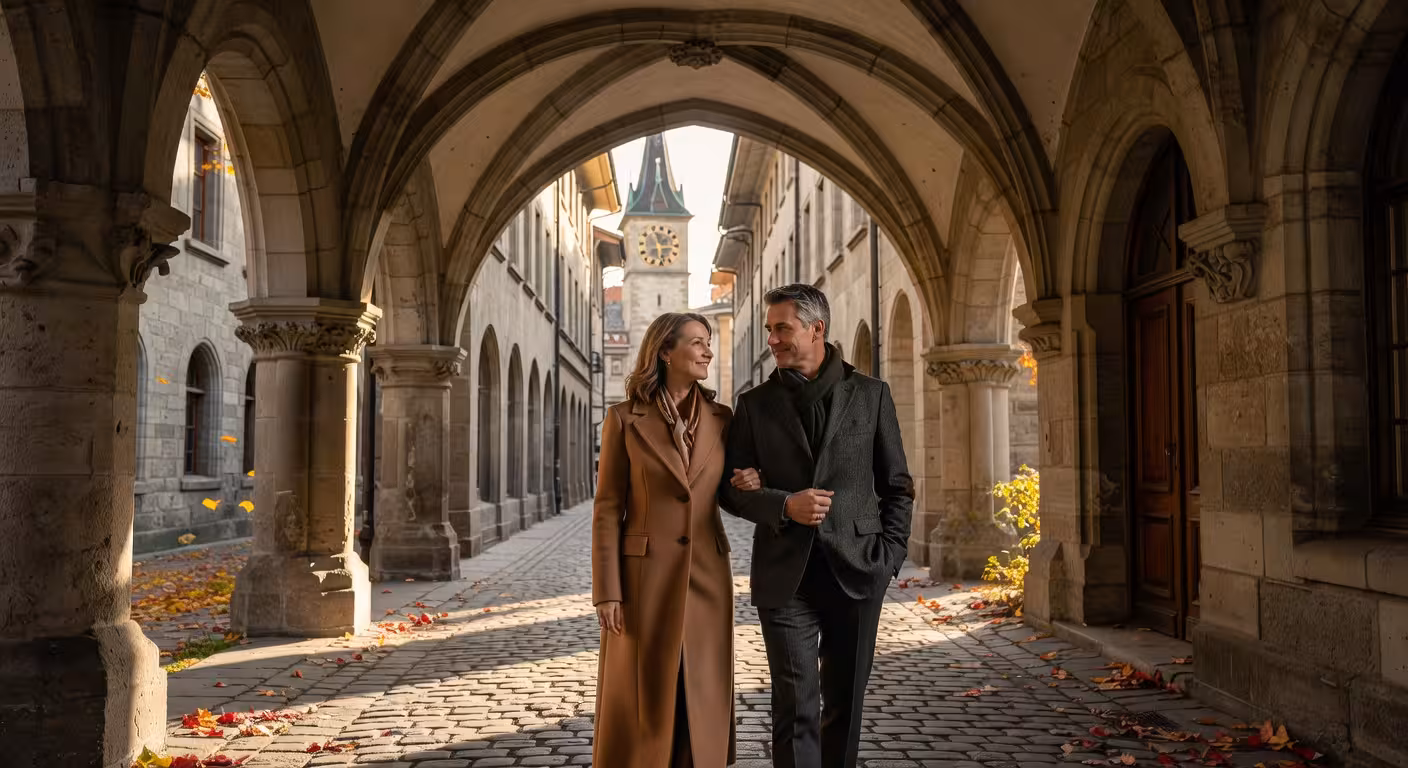 Una coppia passeggia tra i portici della città vecchia di Berna