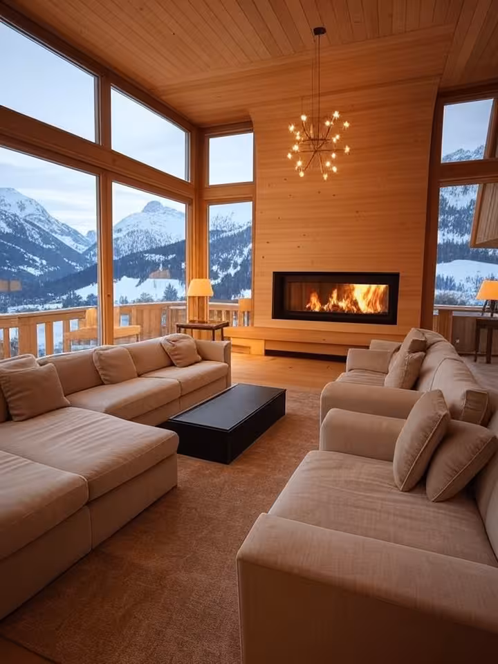 Splendidi interni di chalet a Gstaad con vista sulla montagna per riunioni discrete.