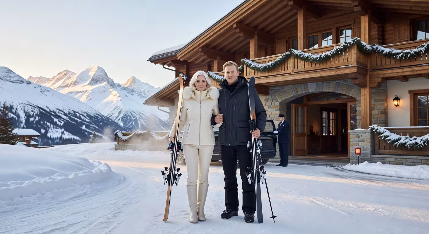 Coppia di Sugar Dating all'arrivo in un'esclusiva località sciistica svizzera