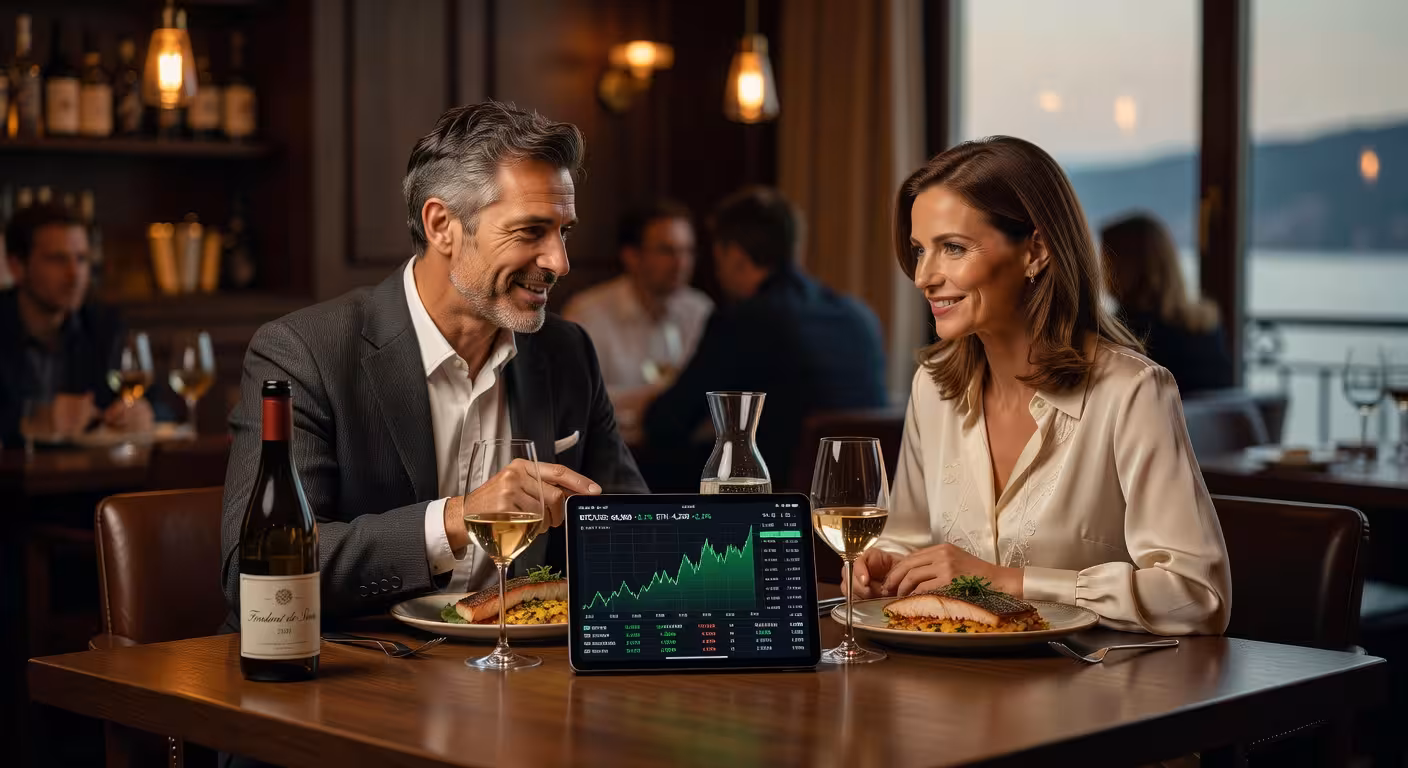 Crypto Sugar Daddy spiega al suo Sugar Baby un progetto blockchain durante una cena a Zug