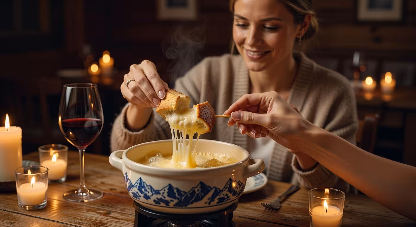 Intima serata a base di fondue in un ristorante svizzero tradizionale